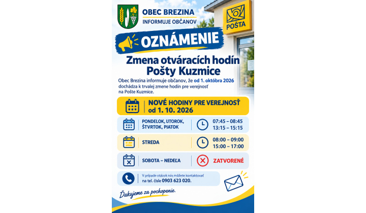 Pošta Kuzmice - oznámenie trvalej zmeny hodín pre verejnosť