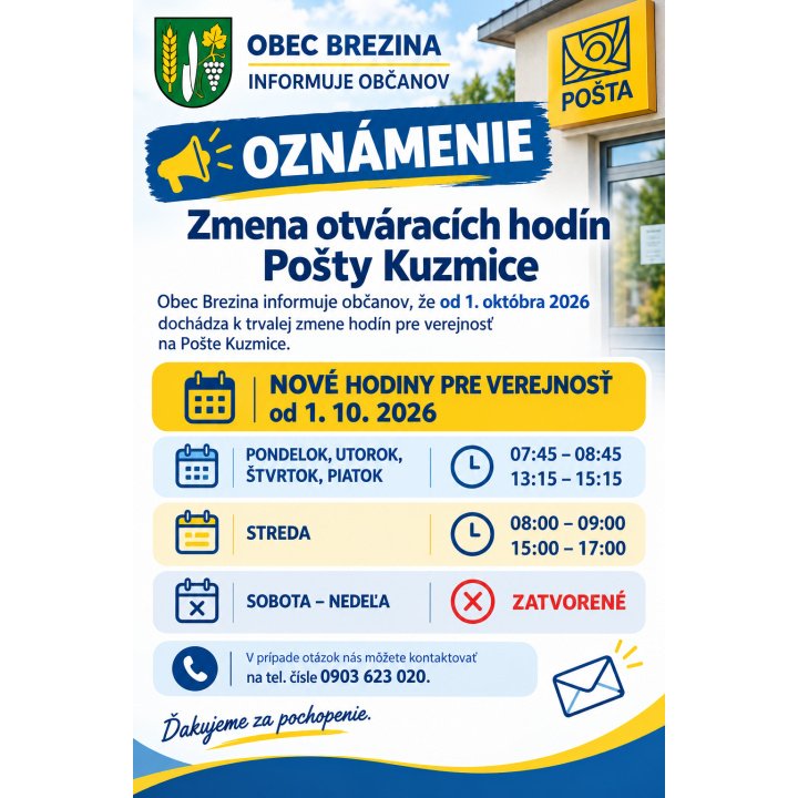 Pošta Kuzmice - oznámenie trvalej zmeny hodín pre verejnosť