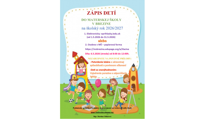 Zápis detí do MŠ v Brezine na školský rok 2026/2027