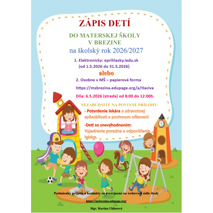 Zápis detí do MŠ v Brezine na školský rok 2026/2027